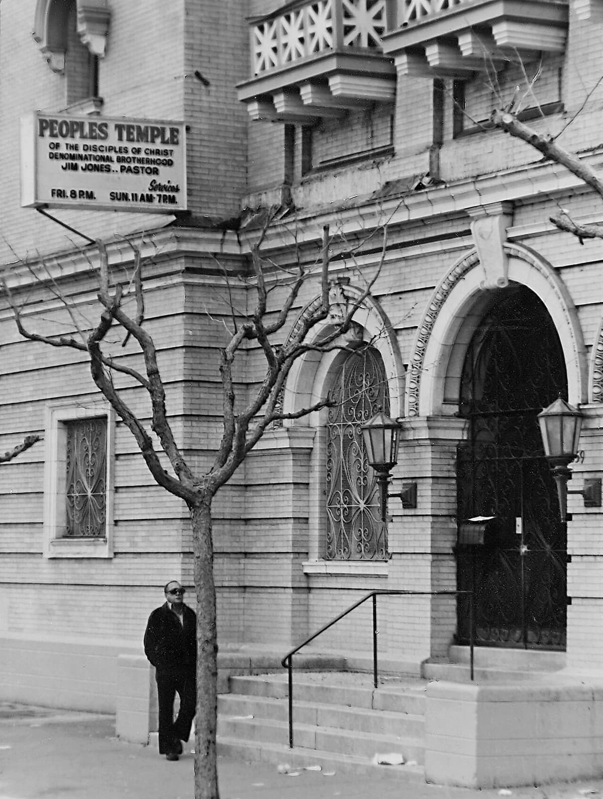 Entrance to the Peoples Temple headquarters at 1859 Geary Boulevard, San Francisco, December 1978.